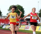 Sydney Robertson brings Northumberland home first in the Junior Girls 4x100 metres relay at the 2011 Aviva English Schools' 81st Track and Field Championships, Gateshead International Stadium